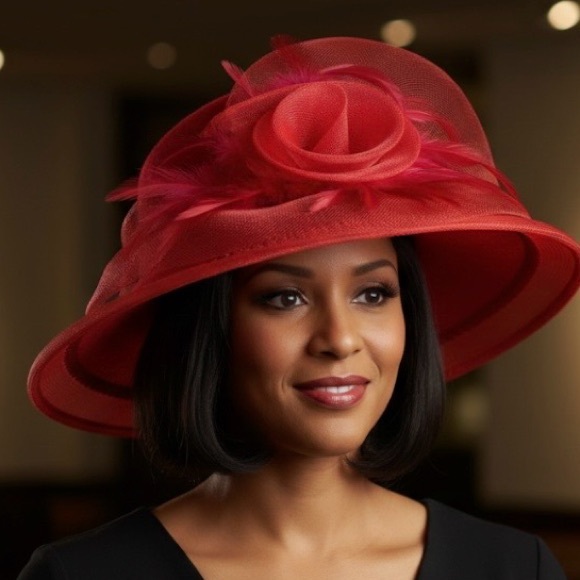 Elegant Ladies Red Feathers & Flower Brim Wool Felt Dress Hat